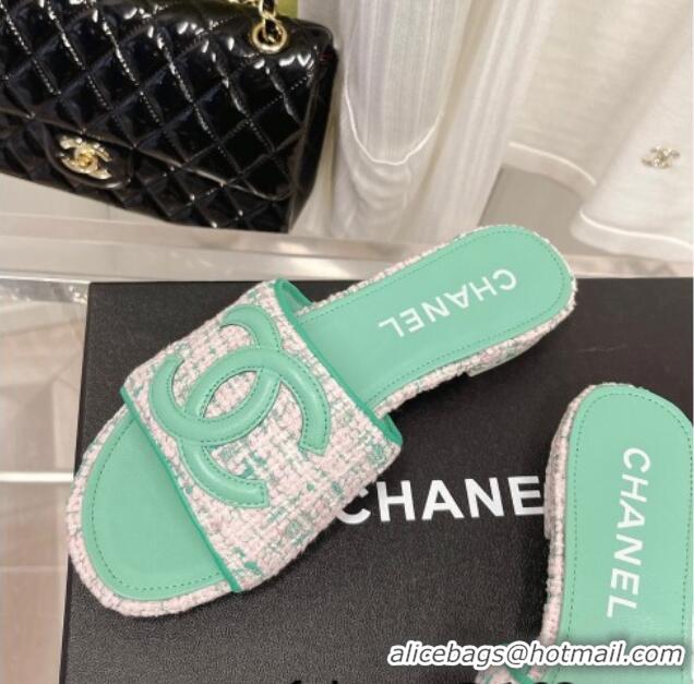 Sophisticated Chanel Tweed Flat Slide Sandals 030515 Green/Pink