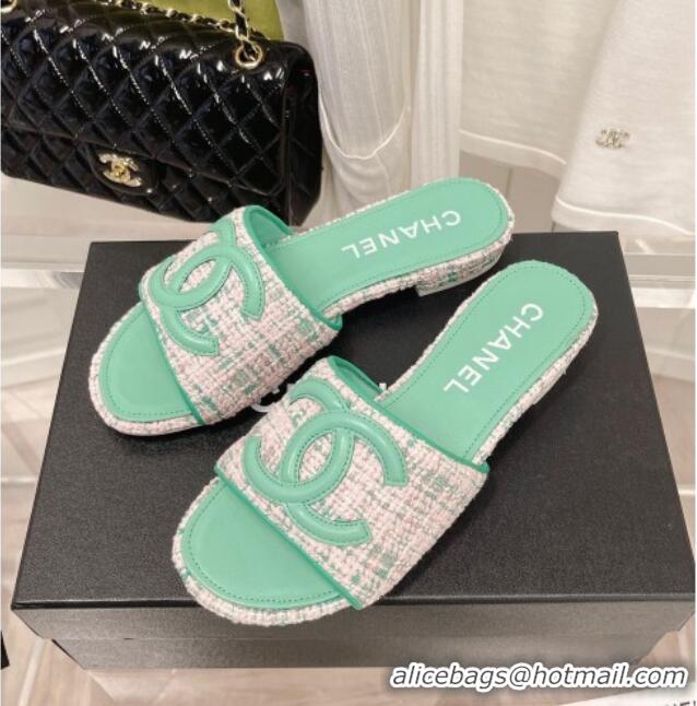 Sophisticated Chanel Tweed Flat Slide Sandals 030515 Green/Pink