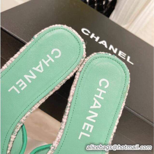 Sophisticated Chanel Tweed Flat Slide Sandals 030515 Green/Pink