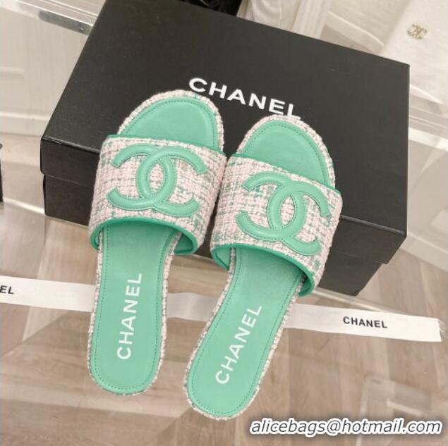 Sophisticated Chanel Tweed Flat Slide Sandals 030515 Green/Pink