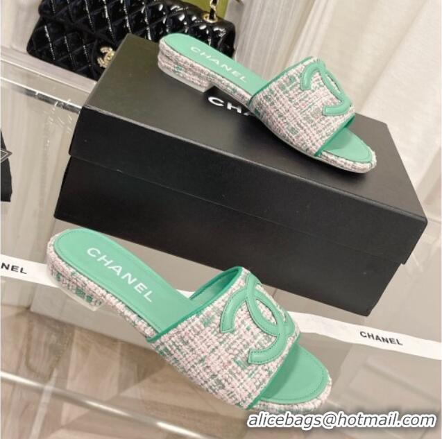 Sophisticated Chanel Tweed Flat Slide Sandals 030515 Green/Pink