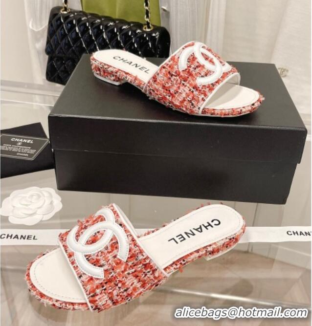 Sophisticated Chanel Tweed Flat Slide Sandals 030515 Orange