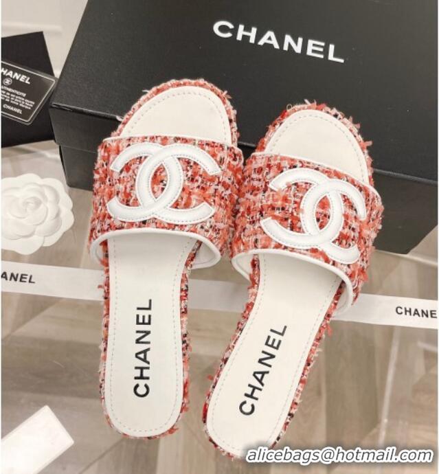 Sophisticated Chanel Tweed Flat Slide Sandals 030515 Orange