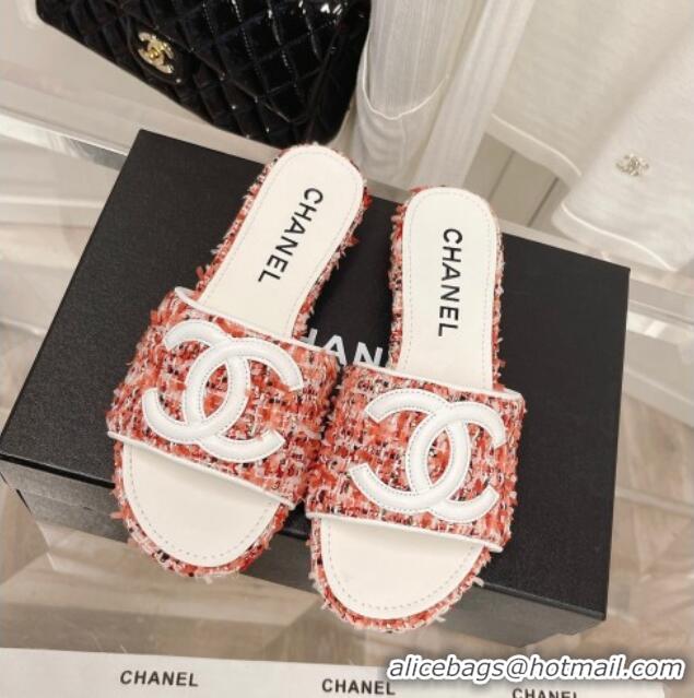 Sophisticated Chanel Tweed Flat Slide Sandals 030515 Orange