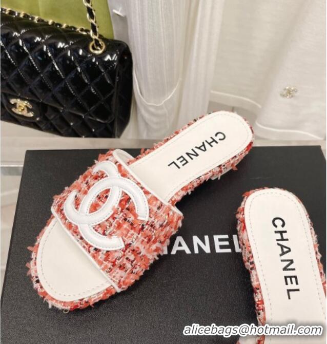 Sophisticated Chanel Tweed Flat Slide Sandals 030515 Orange