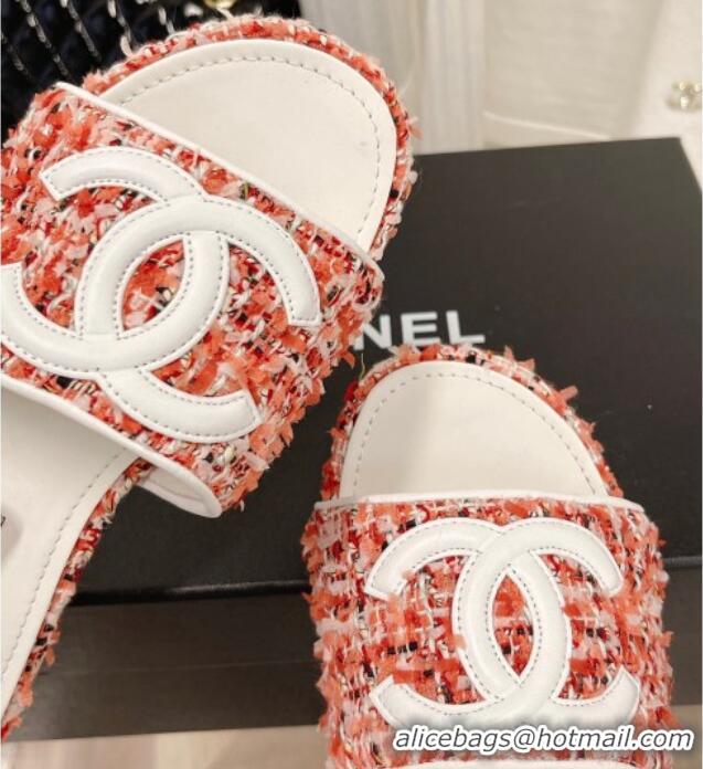 Sophisticated Chanel Tweed Flat Slide Sandals 030515 Orange