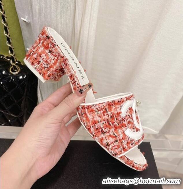 Hot Style Chanel Tweed Medium Heel Slide Sandals 4.5cm Orange 030529