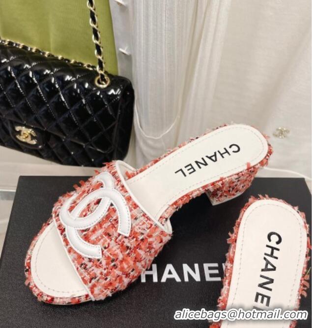 Hot Style Chanel Tweed Medium Heel Slide Sandals 4.5cm Orange 030529