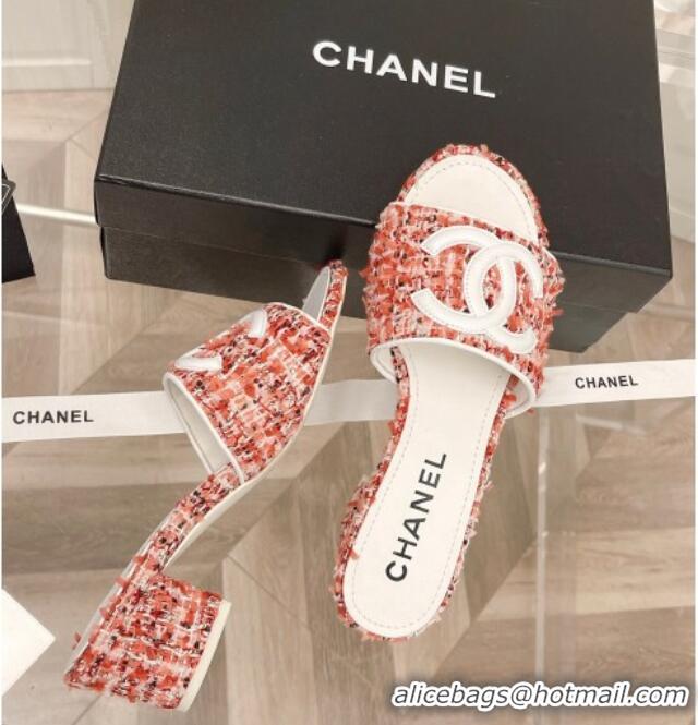 Hot Style Chanel Tweed Medium Heel Slide Sandals 4.5cm Orange 030529