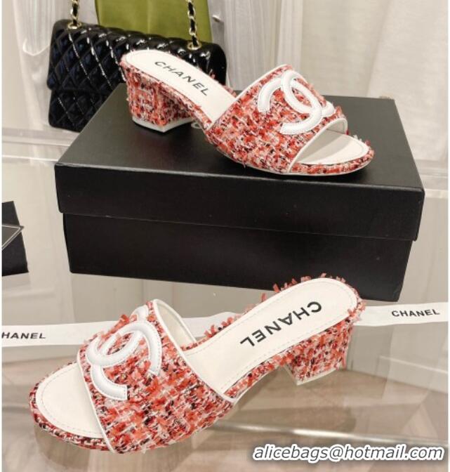 Hot Style Chanel Tweed Medium Heel Slide Sandals 4.5cm Orange 030529