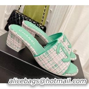 Sumptuous Chanel Tweed Medium Heel Slide Sandals 4.5cm Green/Pink 030528