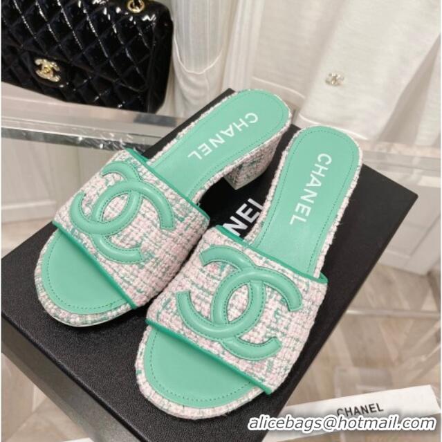 Sumptuous Chanel Tweed Medium Heel Slide Sandals 4.5cm Green/Pink 030528