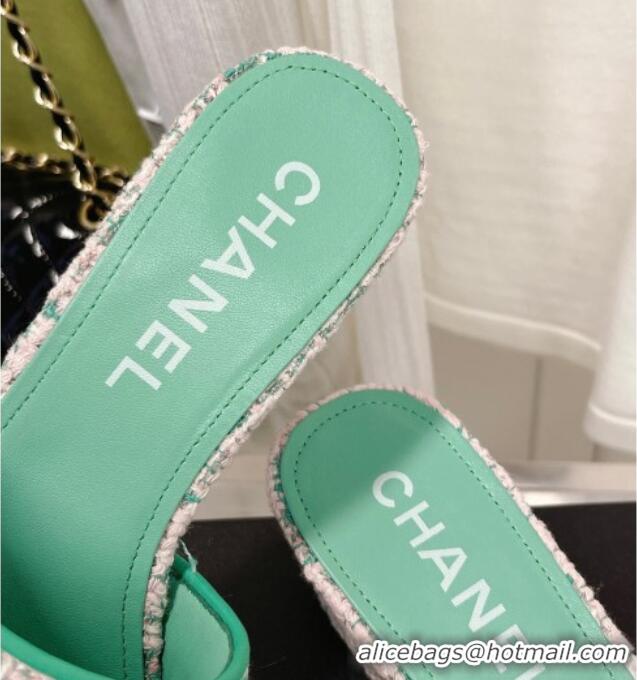 Sumptuous Chanel Tweed Medium Heel Slide Sandals 4.5cm Green/Pink 030528