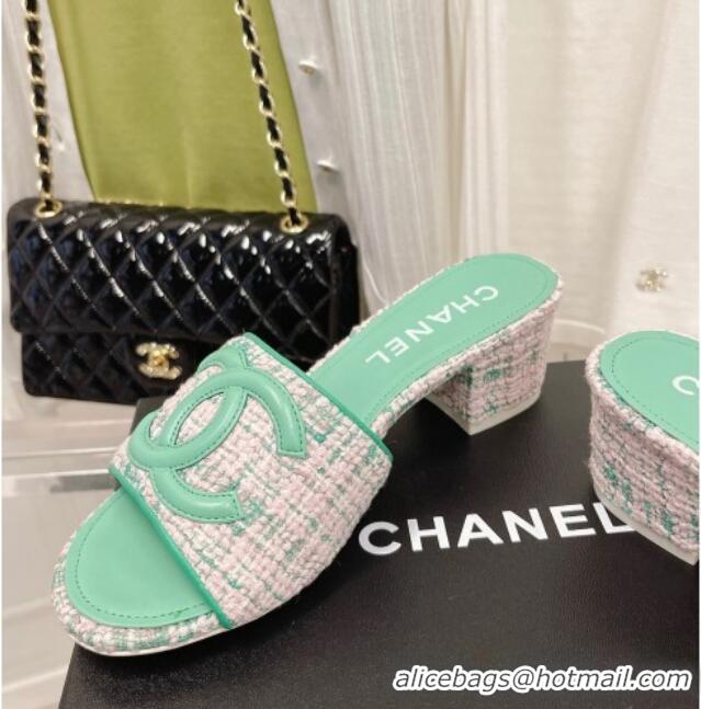 Sumptuous Chanel Tweed Medium Heel Slide Sandals 4.5cm Green/Pink 030528