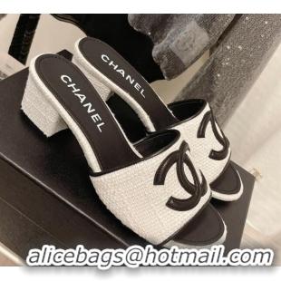 Fashion Chanel Tweed Medium Heel Slide Sandals 4.5cm 030528 Black/White