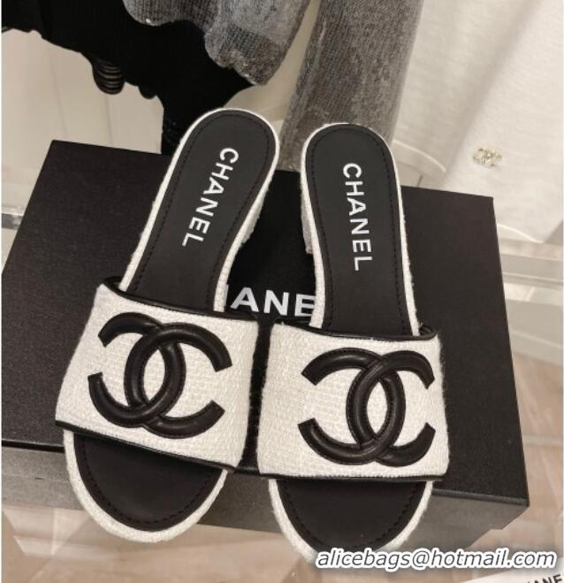 Fashion Chanel Tweed Medium Heel Slide Sandals 4.5cm 030528 Black/White