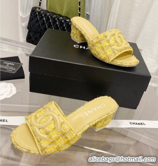 Fashion Chanel Tweed Medium Heel Slide Sandals 4.5cm 030528 Yellow