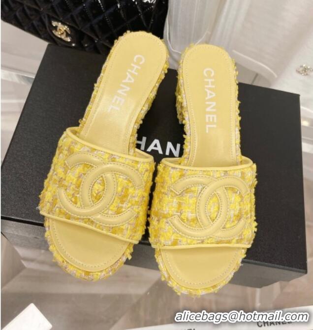 Fashion Chanel Tweed Medium Heel Slide Sandals 4.5cm 030528 Yellow