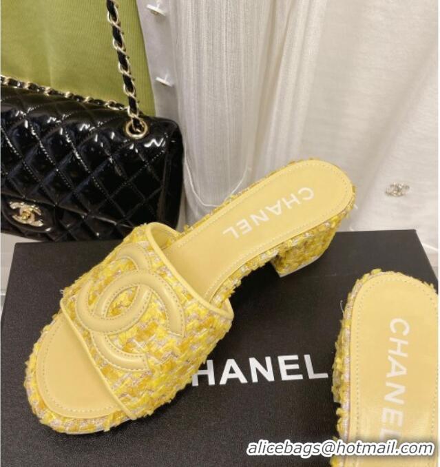 Fashion Chanel Tweed Medium Heel Slide Sandals 4.5cm 030528 Yellow