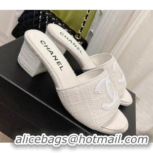 Stylish Chanel Tweed Medium Heel Slide Sandals 4.5cm 030528 White