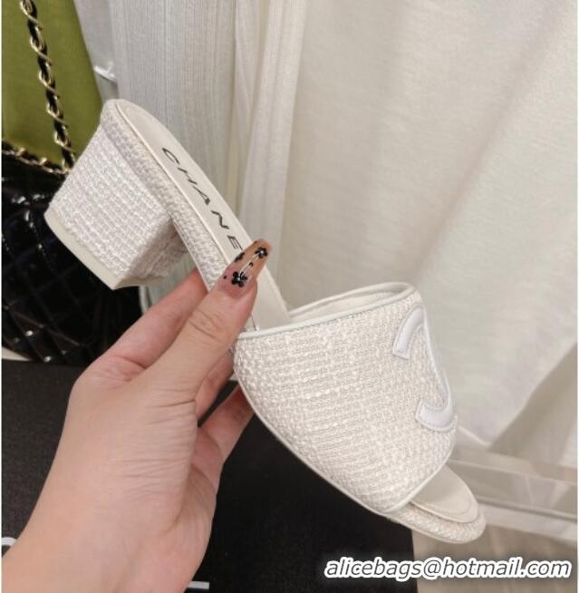 Stylish Chanel Tweed Medium Heel Slide Sandals 4.5cm 030528 White