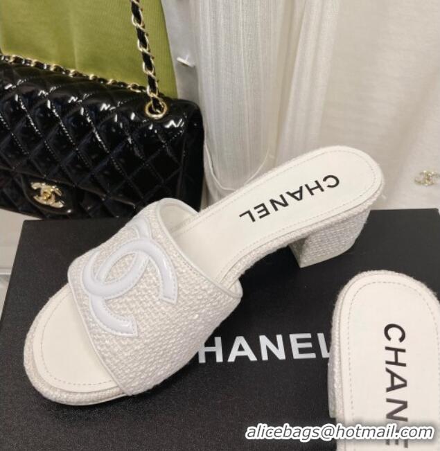 Stylish Chanel Tweed Medium Heel Slide Sandals 4.5cm 030528 White