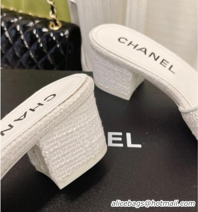 Stylish Chanel Tweed Medium Heel Slide Sandals 4.5cm 030528 White