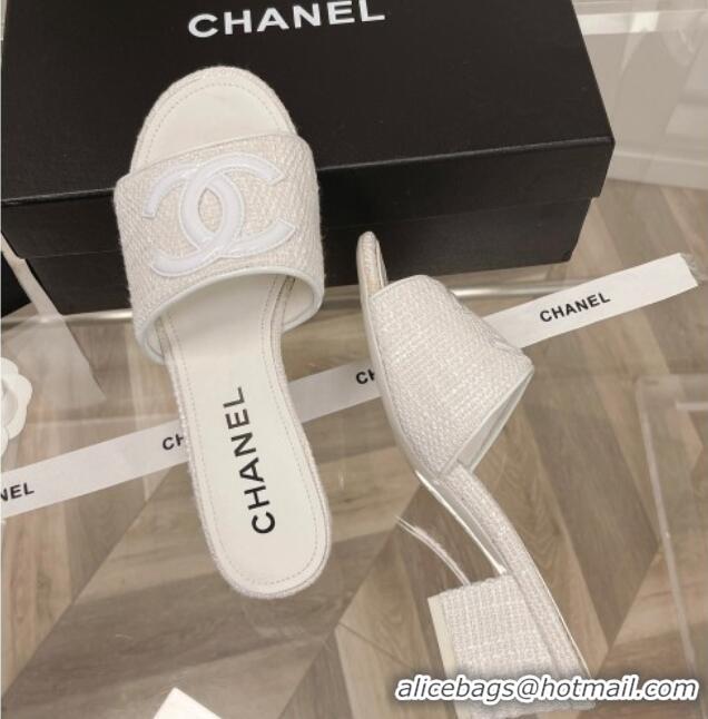 Stylish Chanel Tweed Medium Heel Slide Sandals 4.5cm 030528 White