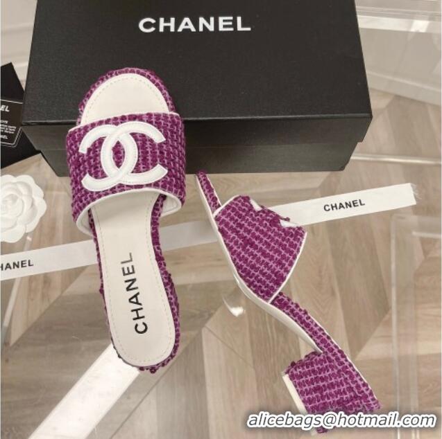 Grade Quality Chanel Tweed Medium Heel Slide Sandals 4.5cm 030528 Purple