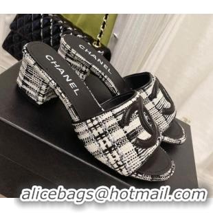 Duplicate Chanel Tweed Medium Heel Slide Sandals 4.5cm 030528 Black/White