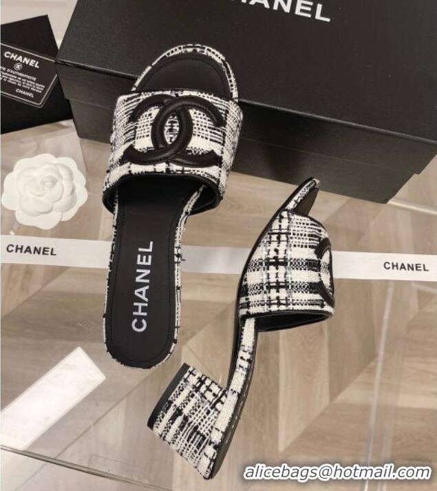 Duplicate Chanel Tweed Medium Heel Slide Sandals 4.5cm 030528 Black/White