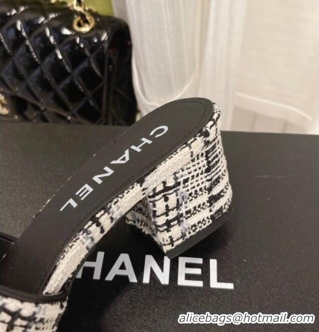 Duplicate Chanel Tweed Medium Heel Slide Sandals 4.5cm 030528 Black/White