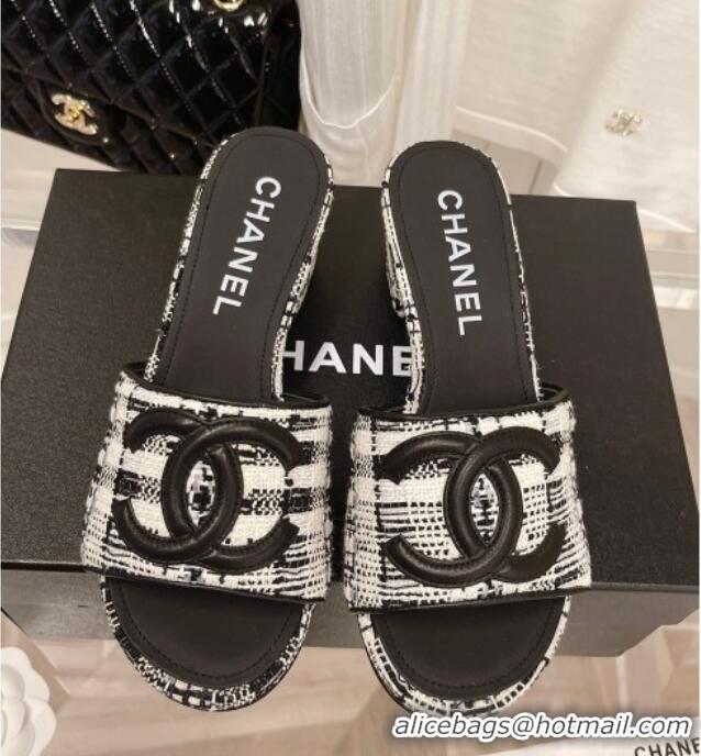 Duplicate Chanel Tweed Medium Heel Slide Sandals 4.5cm 030528 Black/White