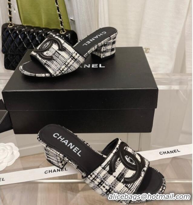 Duplicate Chanel Tweed Medium Heel Slide Sandals 4.5cm 030528 Black/White