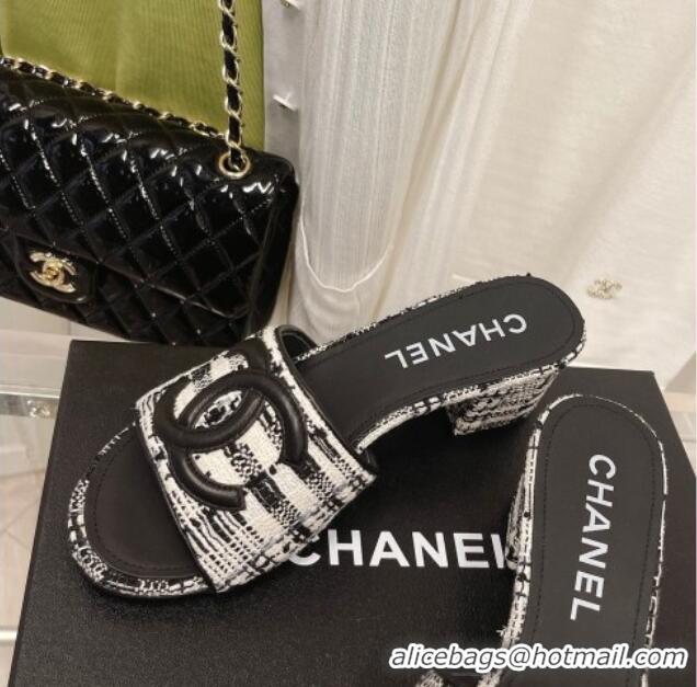 Duplicate Chanel Tweed Medium Heel Slide Sandals 4.5cm 030528 Black/White