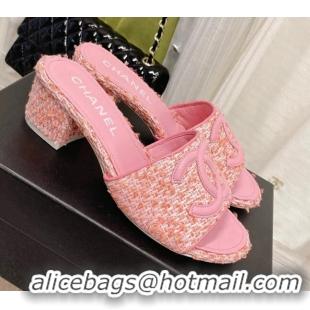 Stylish Chanel Tweed Medium Heel Slide Sandals 4.5cm 030528 Pink