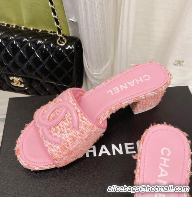 Stylish Chanel Tweed Medium Heel Slide Sandals 4.5cm 030528 Pink