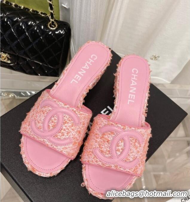 Stylish Chanel Tweed Medium Heel Slide Sandals 4.5cm 030528 Pink