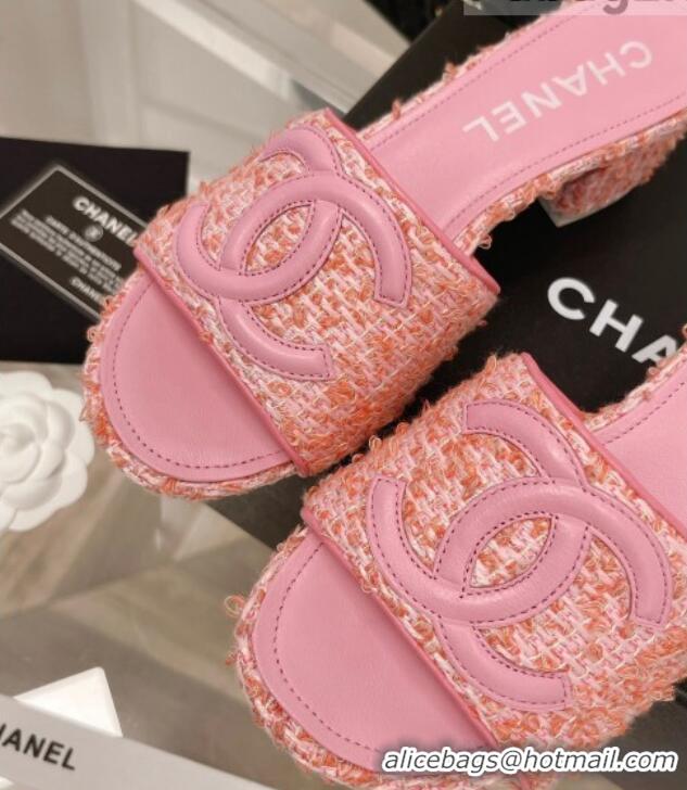 Stylish Chanel Tweed Medium Heel Slide Sandals 4.5cm 030528 Pink