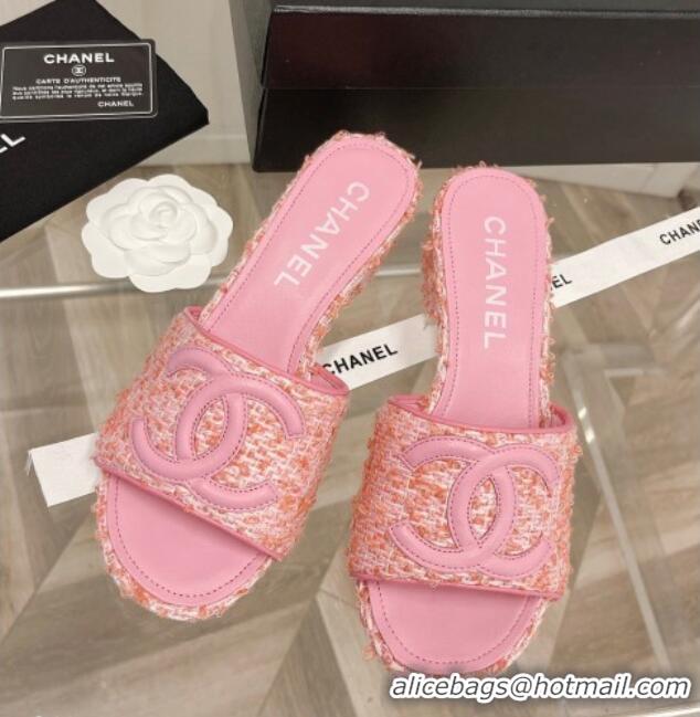 Stylish Chanel Tweed Medium Heel Slide Sandals 4.5cm 030528 Pink