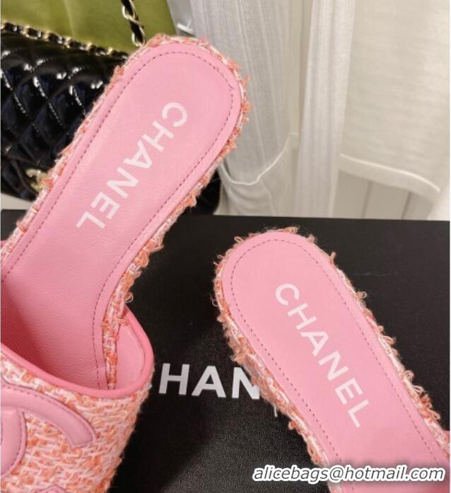 Stylish Chanel Tweed Medium Heel Slide Sandals 4.5cm 030528 Pink