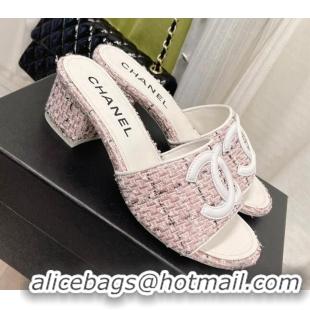 Luxury Chanel Tweed Medium Heel Slide Sandals 4.5cm 030528 Pink/White