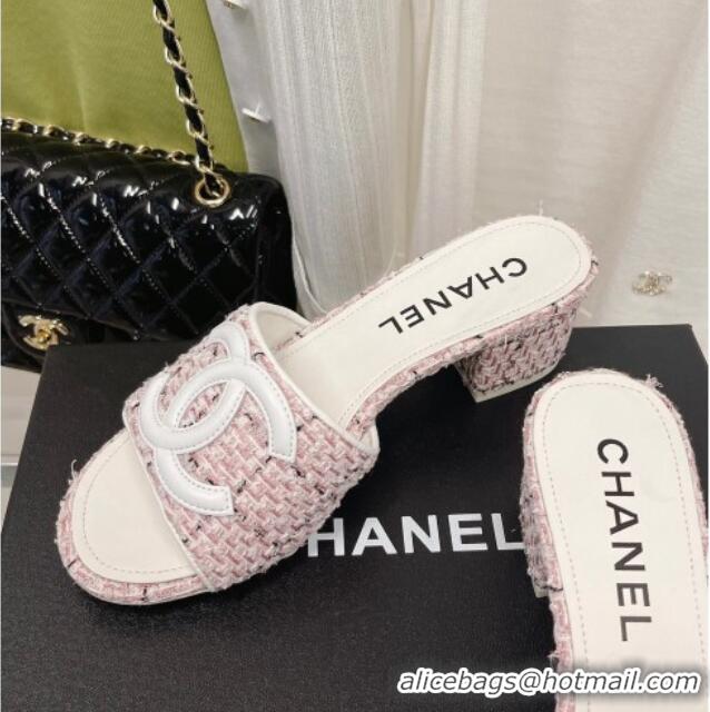 Luxury Chanel Tweed Medium Heel Slide Sandals 4.5cm 030528 Pink/White