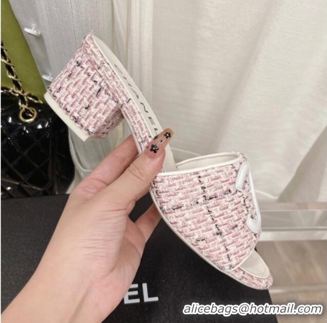 Luxury Chanel Tweed Medium Heel Slide Sandals 4.5cm 030528 Pink/White