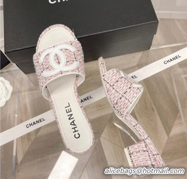 Luxury Chanel Tweed Medium Heel Slide Sandals 4.5cm 030528 Pink/White