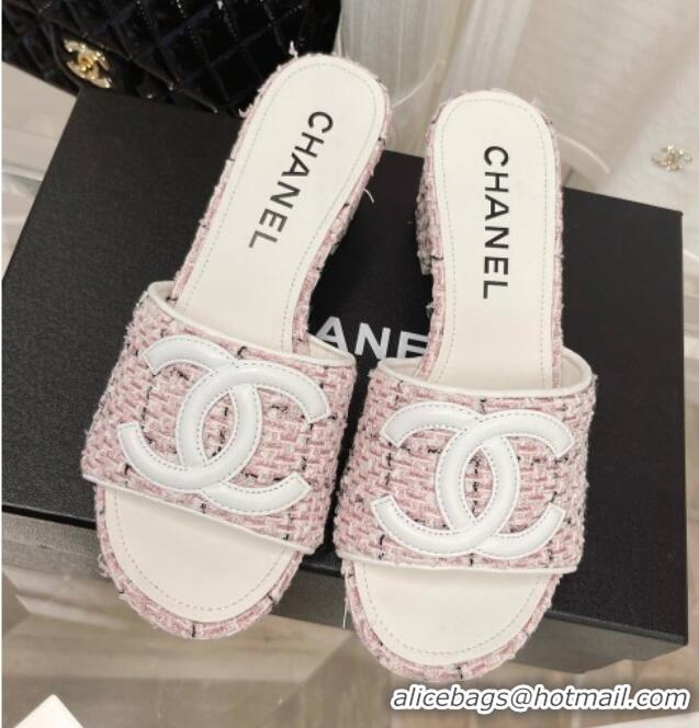 Luxury Chanel Tweed Medium Heel Slide Sandals 4.5cm 030528 Pink/White