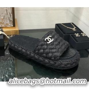 Hot Style Chanel Cord Braided Flat Slide Sandals Black 030762