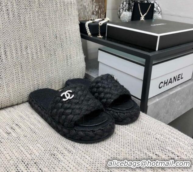 Hot Style Chanel Cord Braided Flat Slide Sandals Black 030762