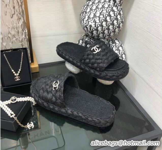 Hot Style Chanel Cord Braided Flat Slide Sandals Black 030762