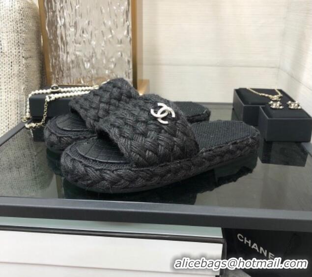 Hot Style Chanel Cord Braided Flat Slide Sandals Black 030762